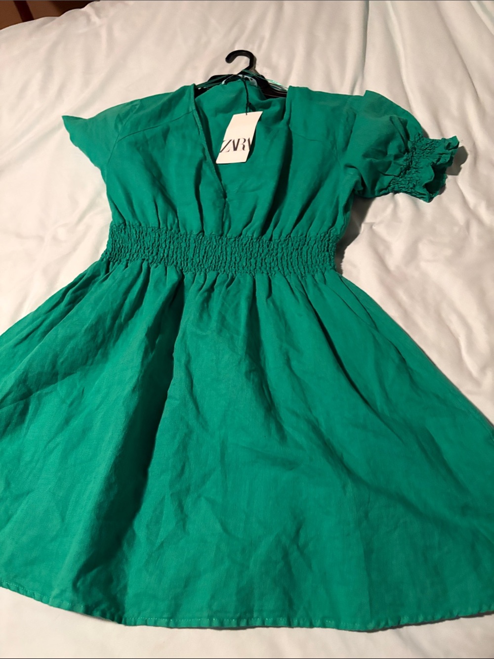 Zara Kelly Green Smocked-Waist Dress—Deep V Neck